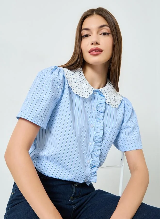 Styli Blue Striped Short Sleeve Shirt with Lace Collar